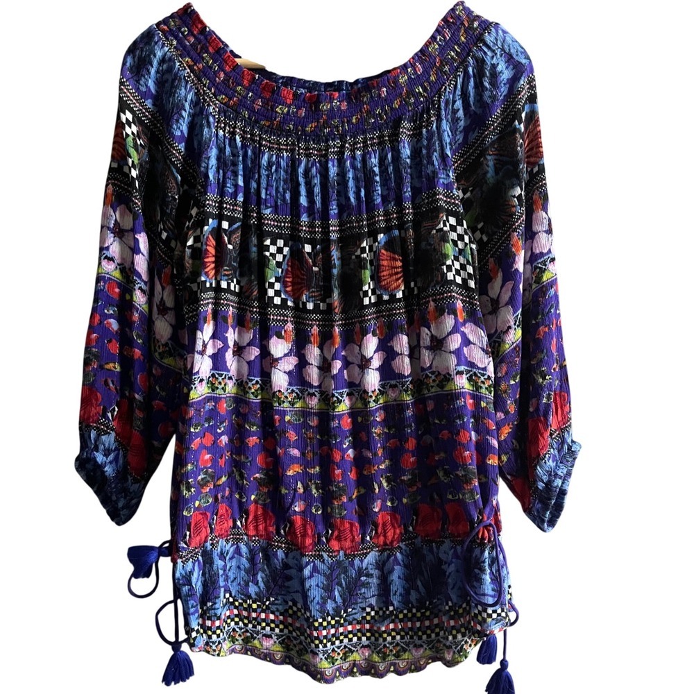 Desigual Boho Blouse Womens L Blue Floral Butterfly Tassel Peasant Hippie Gypsy